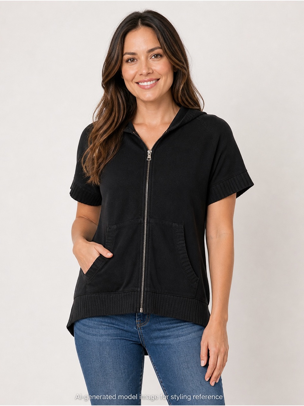 Black Short Sleeve Zip Hoodie Top Comfy Lived-In Staple